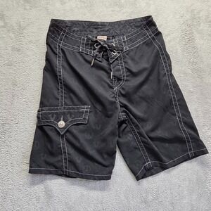 True Religion Board Shorts Mens 32 Black Straight Mid Rise Surf Beach